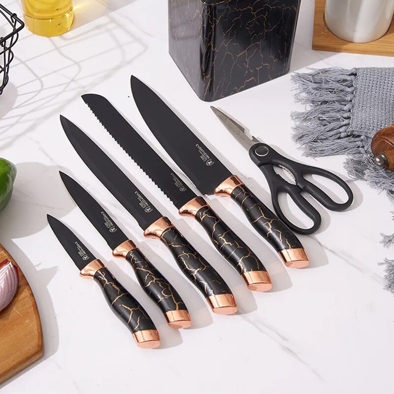 7pcs Kitchen Knife Stainless Steel set with Marble Textured Grinding Stone